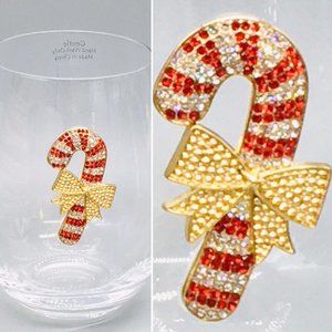 x2 Rhinestone Candy Cane Stemless Wine Glass Set Red Gold Bow Christmas Holidays